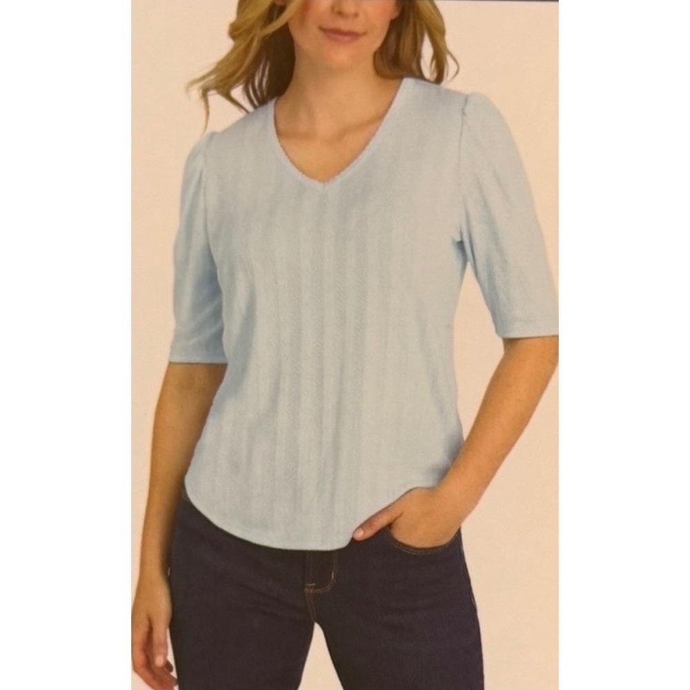 NWT Lands End Women Pointelle V-Neck Elbow Sleeve Top Light Blue •L• Cottagecore